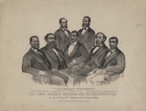 Josiah Walls (center) with the other congressmen from the South during Reconstruction. The man on the far left was a United States Senator from Mississippi.