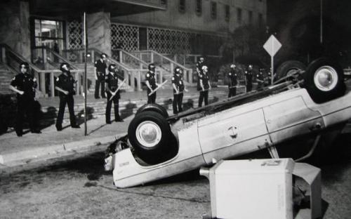 Overturned car during the Miami riot of 1980