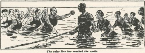 The Chicago race riot in 1919 was started when a blacl swimmer at a public beach crossed the line into the white area. 35 people died. 23 black and 15 whites.