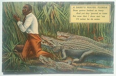 racist humor Vintage-Black-Americana-Man-Alligator-Florida-Postcard-Darkys